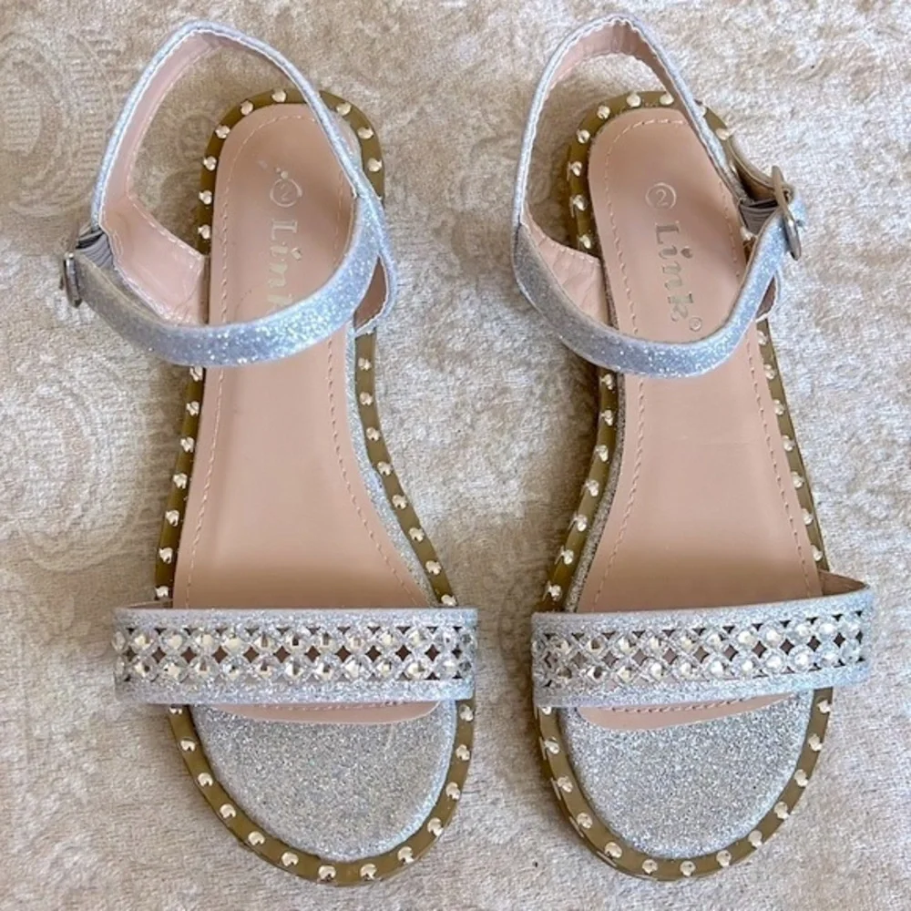 Brand New Link Silver Tone Beaded Embellished Sparkly Ankle Strap Buckle Sandals